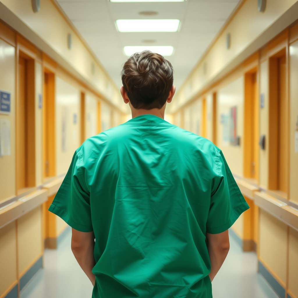 A healthcare professional in green scrubs walking down a hospital corridor, seen from behind